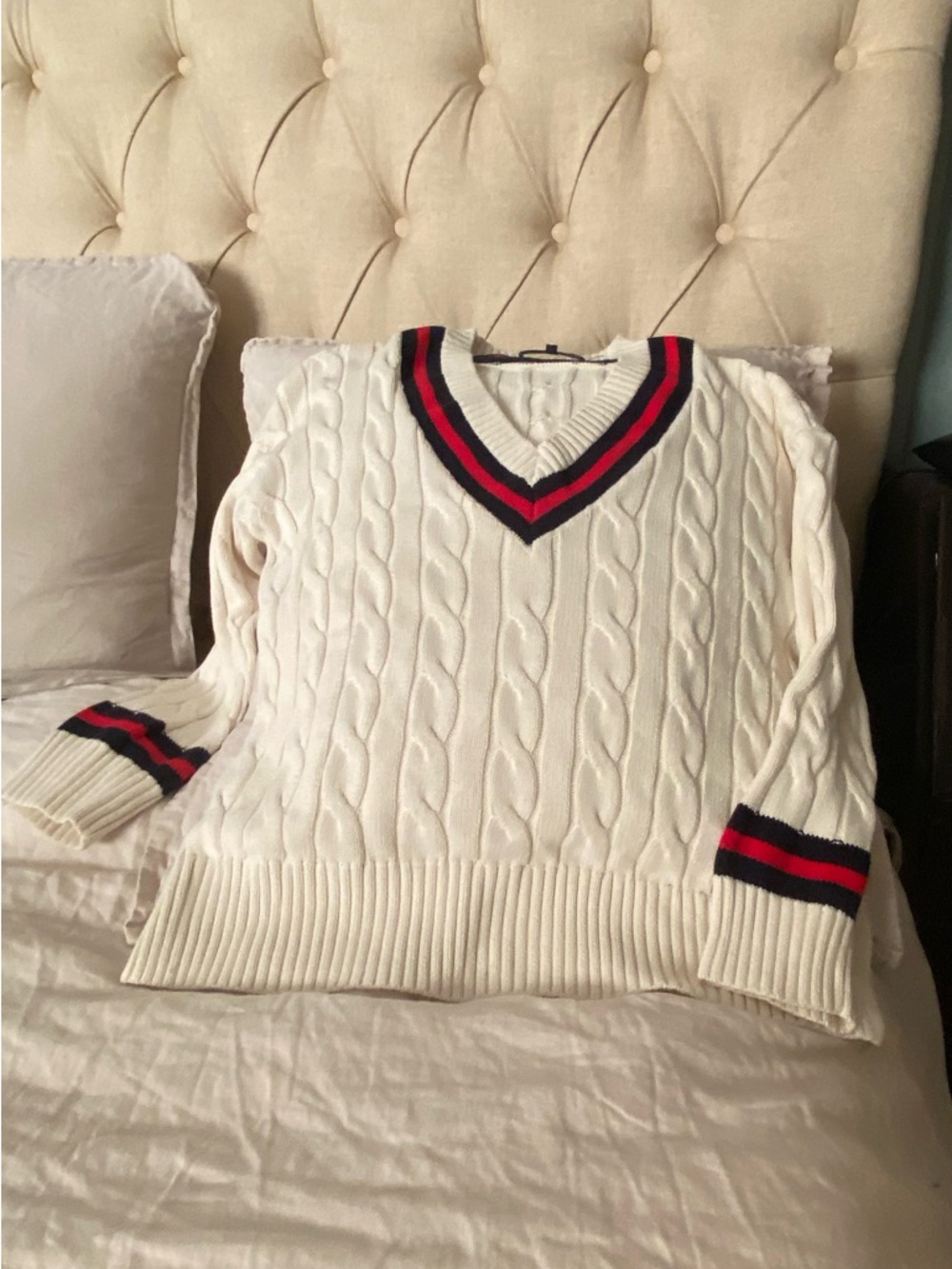 Cable Knit V-Neck Sweater with Contrast Trim - Cream